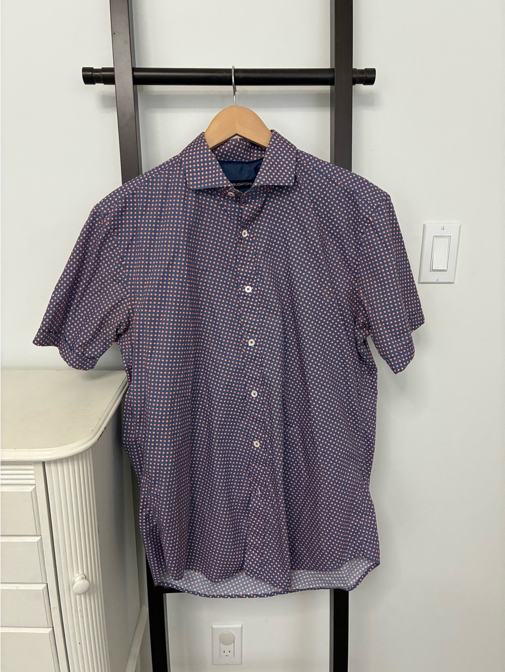 Men’s cotton Short-Sleeve Patterned Button-Up Shirt - Navy/coral Size L